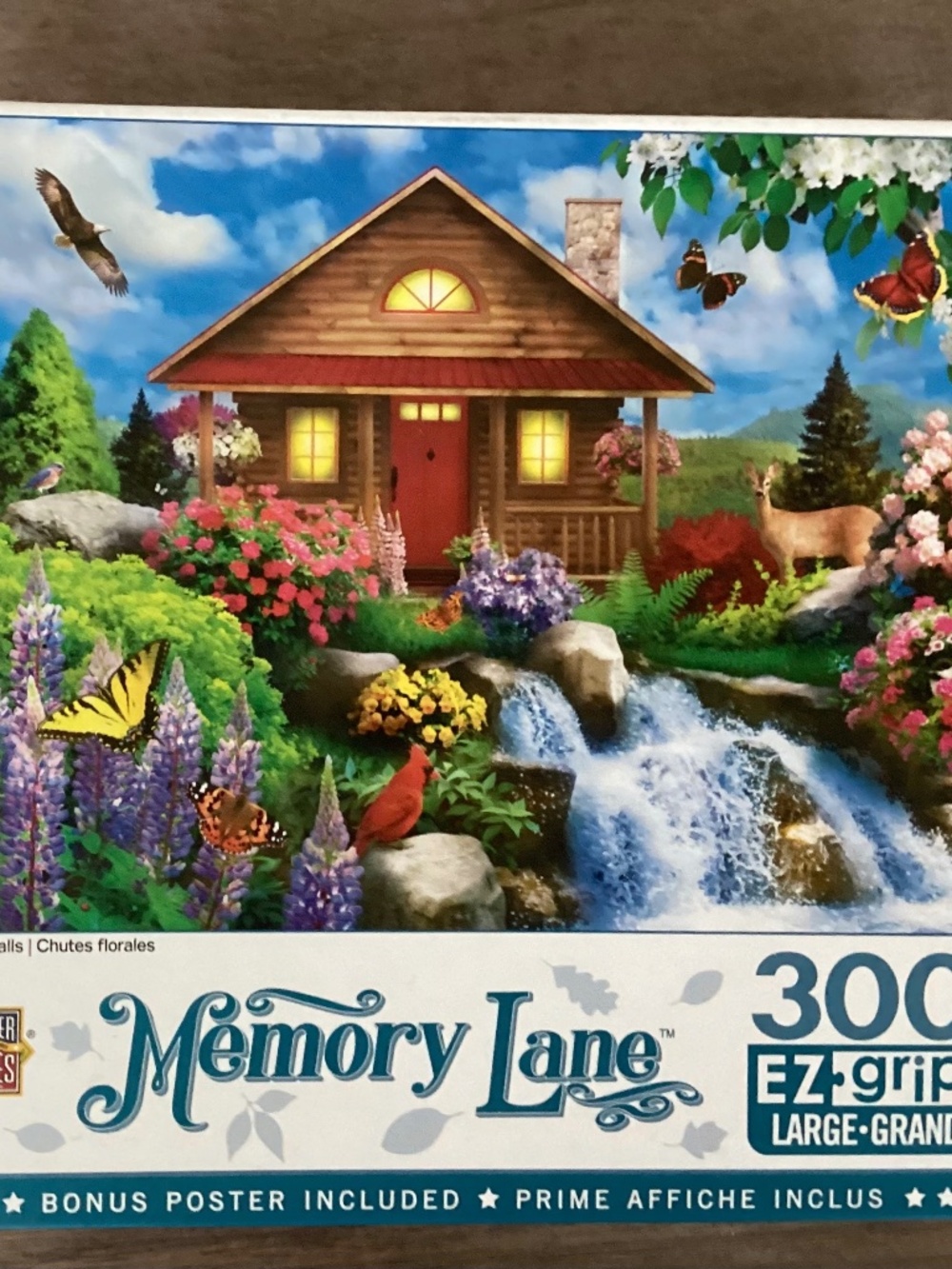 Memory Lane “Floral Falls” 300 piece Jigsaw Puzzle Master Pieces Cabin Deer